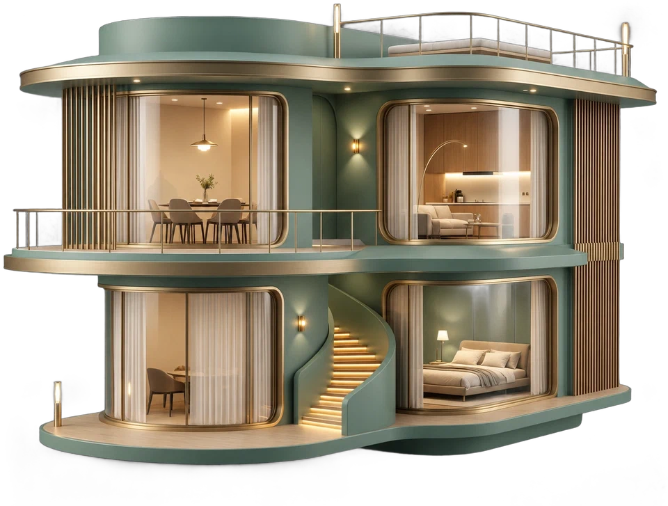 A miniature house floating in mid-air with every room lit, DL's brand image for OEM and ODM lighting production