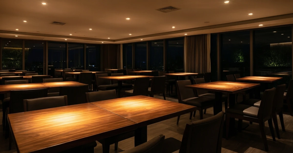 Restaurant dining room at night with recessed LED downlights dimmed to a low warm level, the operating condition where full-load flicker declarations no longer apply