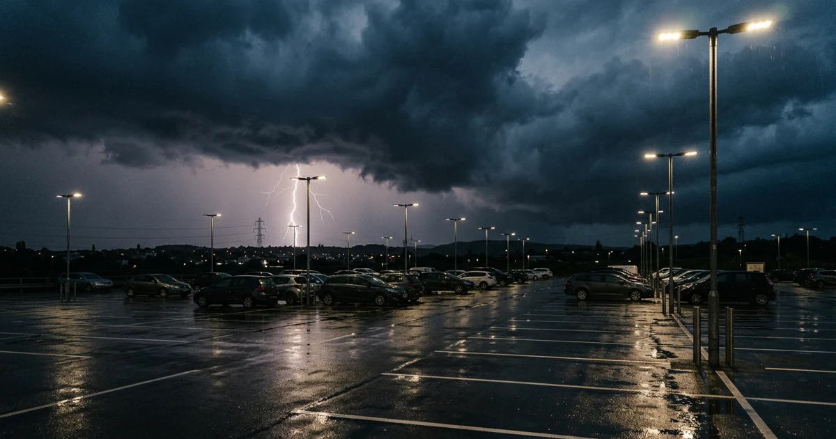Pole-mounted car park lighting operating during a lightning storm, the exposed outdoor environment described by the highest location category