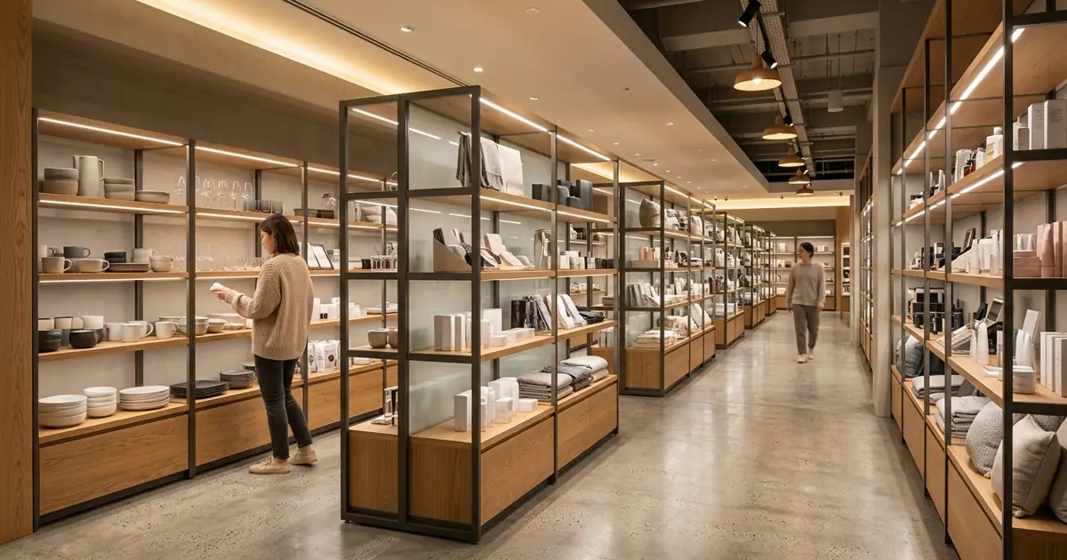 Pasillo comercial iluminado para proporcionar una visibilidad clara de los productos y un desplazamiento cómodo de los clientes